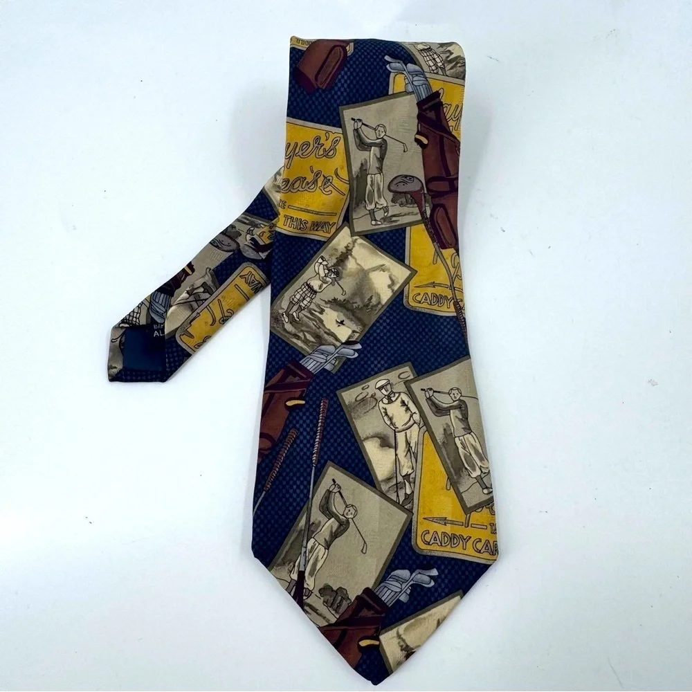 E. Magrath Vintage Golf Tan and Blue Geometric Pattern‎ Tie 100% Silk